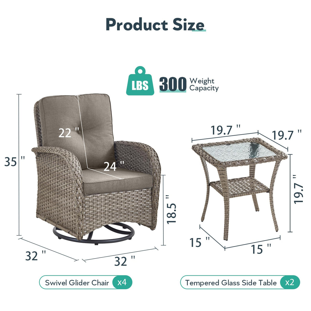 Artfurniz Outdoor Swivel Glider Rocker Chairs Set of 4 - Wicker Patio Furniture Set All Weather Patio Conversatio Sets with 2 Tempered Glass Side Table for Deck Backyard - Grey Wicker Grey Cushion Artfurniz