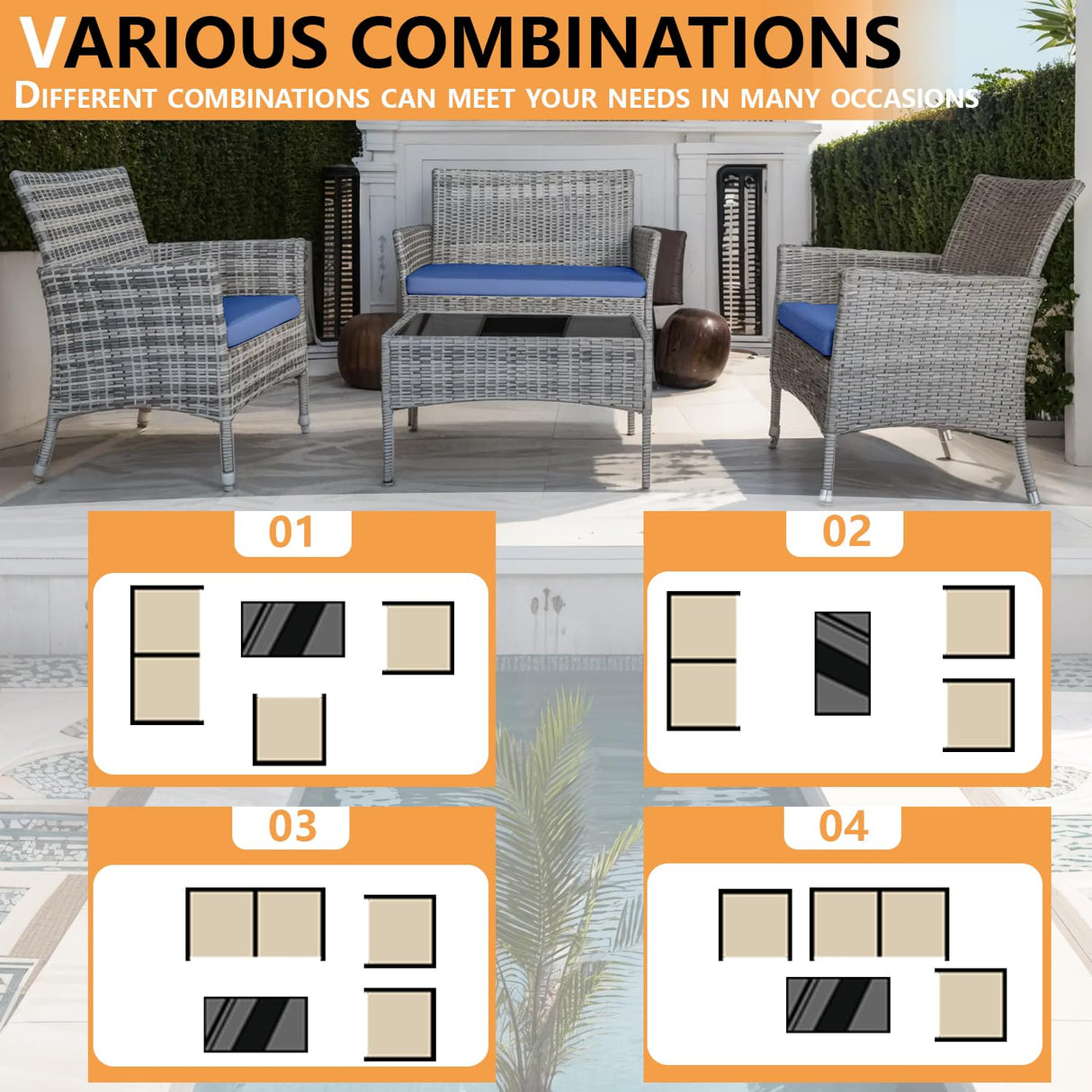 Patio Furniture Set 4 Pieces,Rattan Wicker Double Sofa, Coffee Table,Conversation Outdoor Sets, with Coffee Table and Soft Cushions, Garden Balcony Backyard Lounge Chairs (Gray+Blue Cusion) Generic