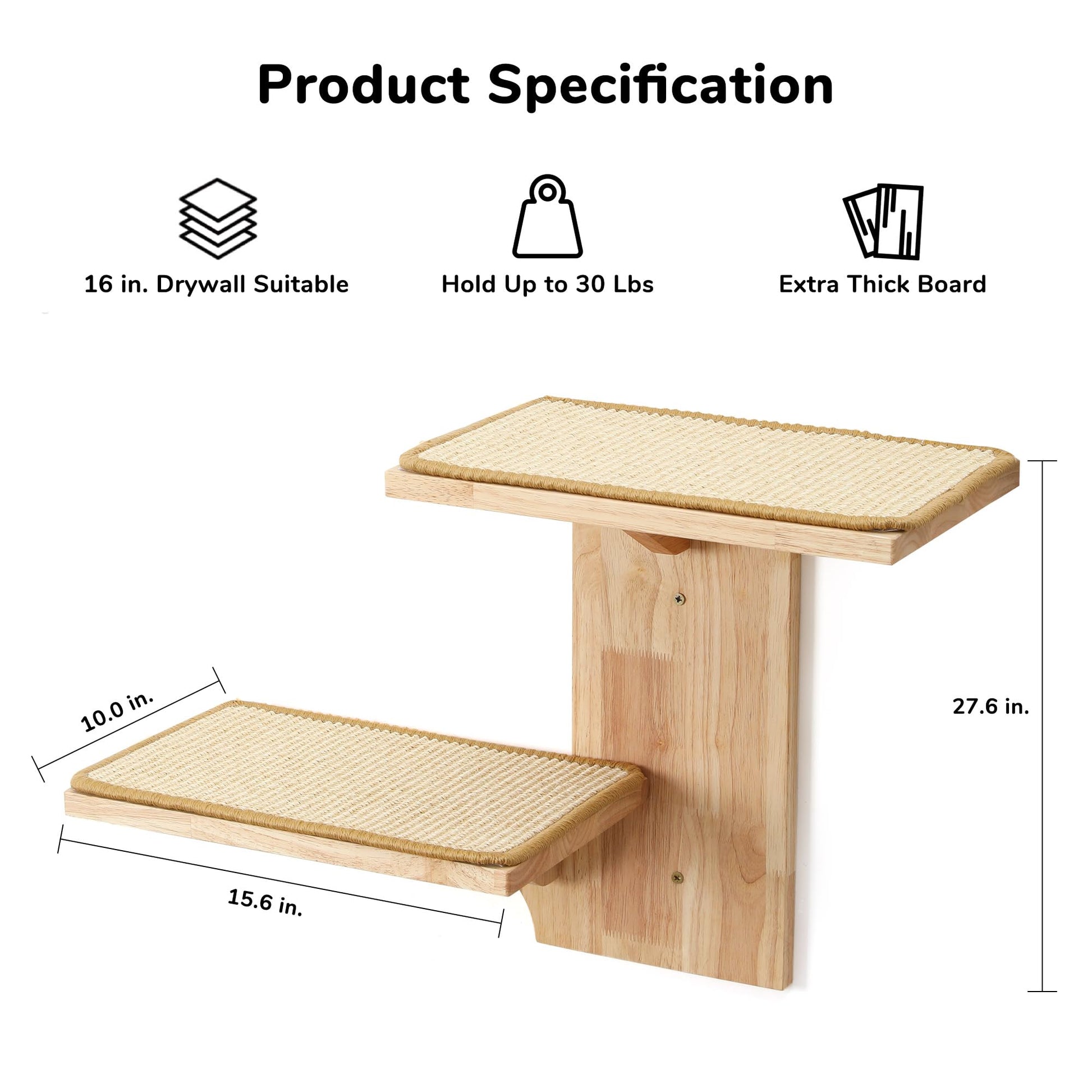 FUKUMARU Cat Wall Shelves, 2 Platform Cat Wall Furniture, Tree Shape Wall-Mounted Cat Floating Shelf with Sisal Mat, Solid Rubber Wood Cat Perch for 16 Inch Drywall, Suitable for Climb, Play, - WoodArtSupply