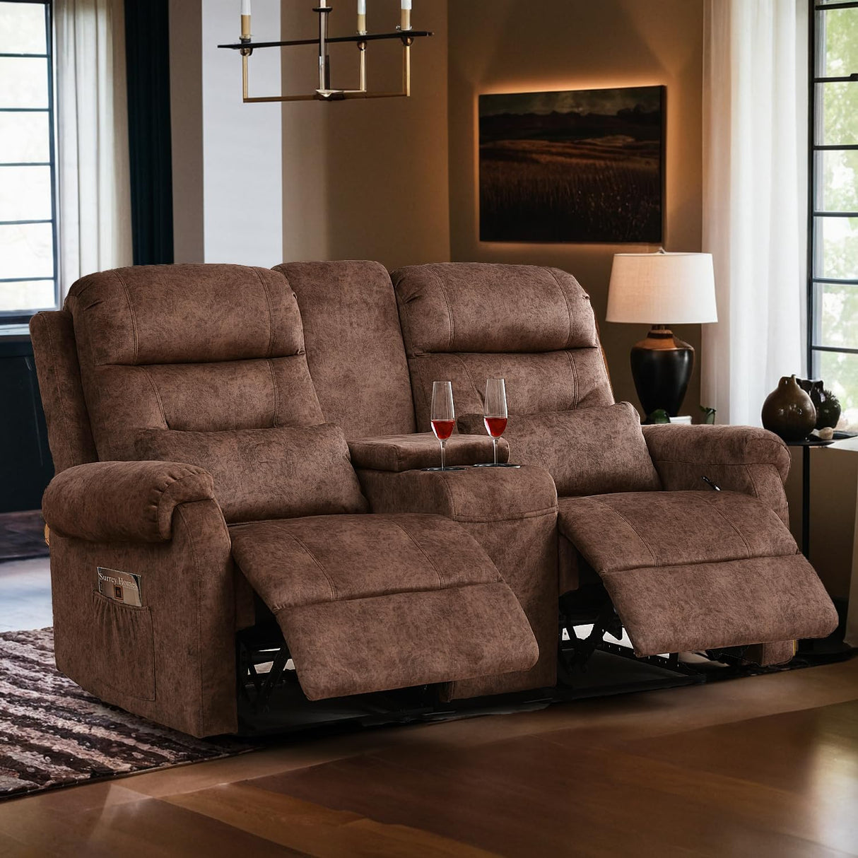 TPHORK RV Loveseat Recliner with Console, Reclining Loveseat Sofa, Manual Home Theater Seating with Pockets/Cup Holders for Living Room/RV Furniture (Velvet Brown) TPHORK