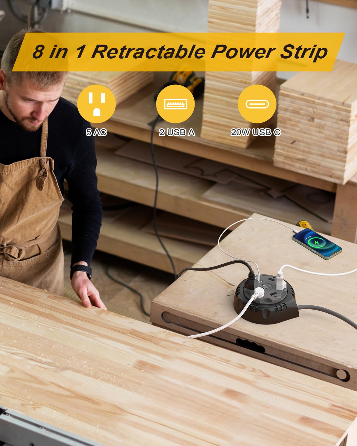 Retractable Power Strip Extension Cord Reel with USB C PD 20W, Flat Plug Travel Power Strip Surge Protection with 5 AC 3 USB Ports, 10FT Travel Extension Cord Portable Outlet, Black Grey Kungfuking