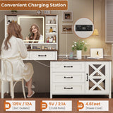 HAUOMS Farmhouse Vanity Desk with Openable Mirror and Lights, White Vanity Table with Drawer Dresser, Glass Top and Charging Station, Large Makeup Desk with 5 Drawers, 9 Shelves, Antique White HAUOMS