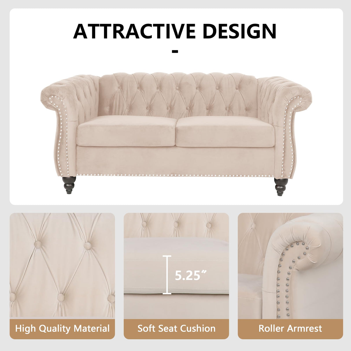 QHITTY Accent Sofa, Chesterfield Loveseat Modern Velvet Couch Upholstered Sofa with Tufted Back for Living Room Furniture (Beige) QHITTY