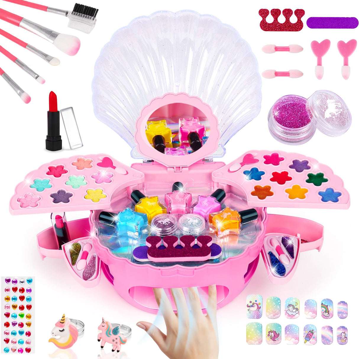 Kids Nail Polish Set for Girls, All-in-One Nail Art Make Up Kit -Dryer/ Glitter Powder/ False Nails/ Toe Separator/ File/ Lipsticks/ Eyeshadow,Washable Makeup Toys Age 3-12 Little Girl Birthday Gift AugToy