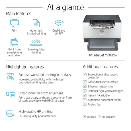 HP Laserjet M209dw High-Speed Wireless Monochrome Laser Printer for Home Use and Small Business, Fast 2-Sided Printing, Scanner, Copying, Dual Band WiFi Compact Black and White Printers (Renewed) HP