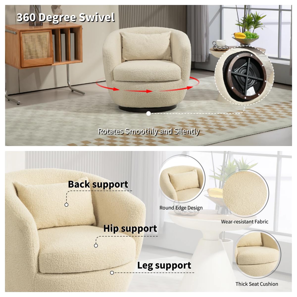 360° Swivel Barrel Armchair with Storage Modern Swivel Accent Chair Boucle Leather Round Storage Sofa Club Upholstered Barrel Arm Chair with Back Pillow for Liveing Room (Beige) Generic