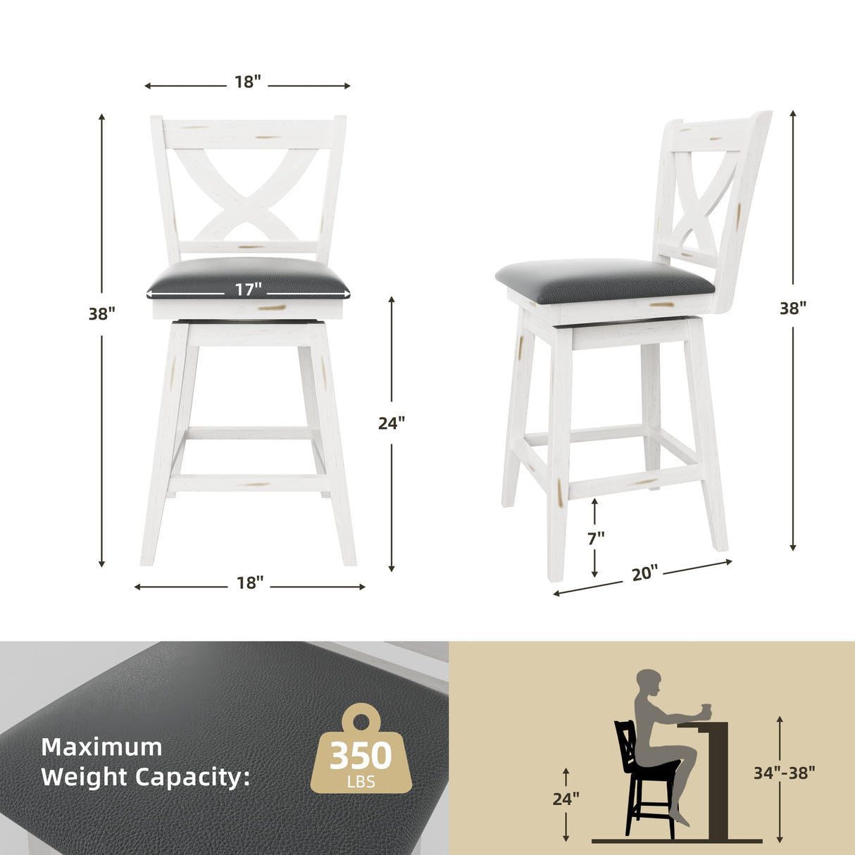Swivel Bar Stools Set of 2, Swivel Barstools with Solid Footrest & Faux Leather Upholstered Seat, Island Chairs with Back for Kitchen, Dining Room (Antique White) (24-inch) Buytime