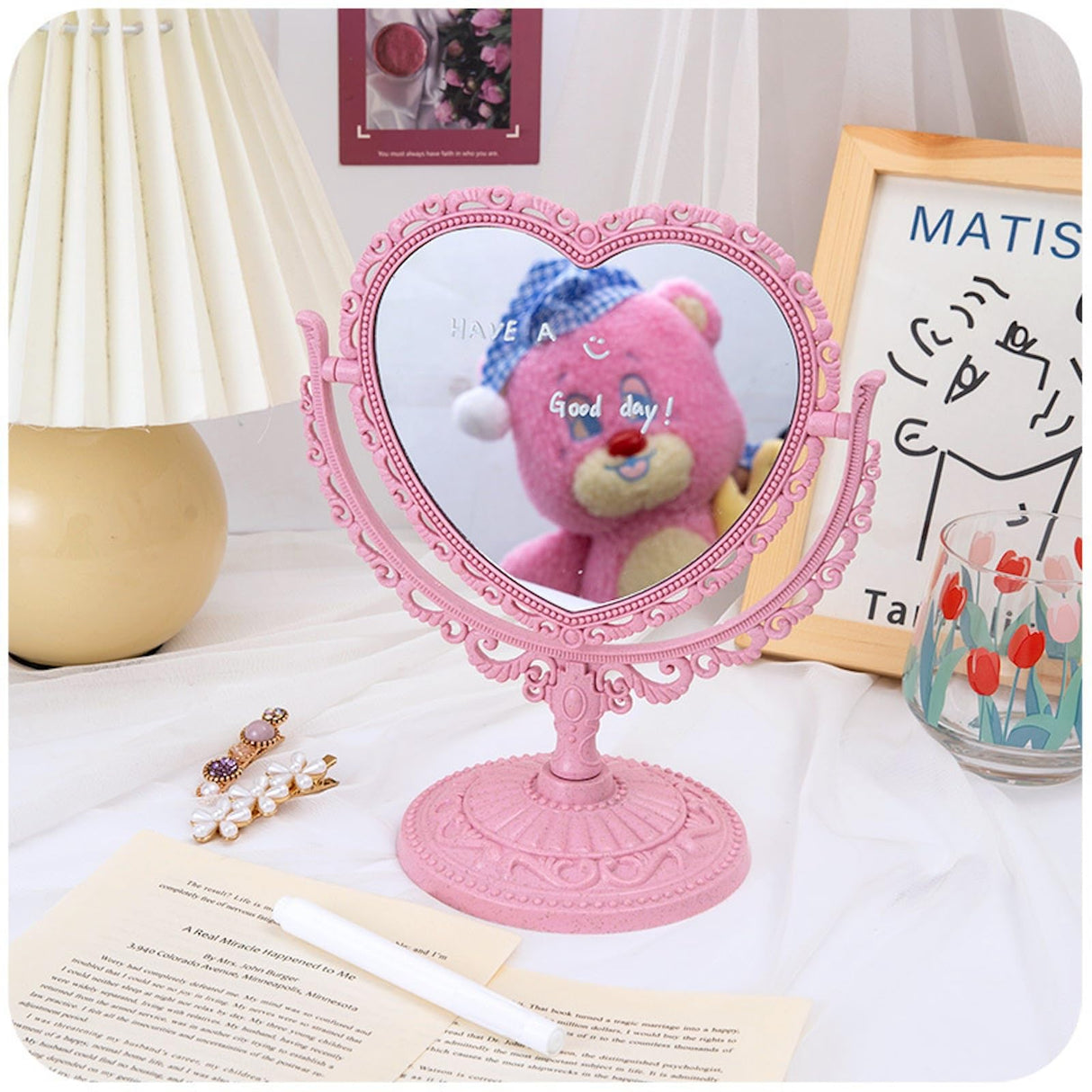 JDPEYI-Pink Heart Shaped Mirror - Coquette Room Decor for Desk & Vanity -Double-Sided Rotatable Cute Magnifying Mirror with Stand JDPEYI