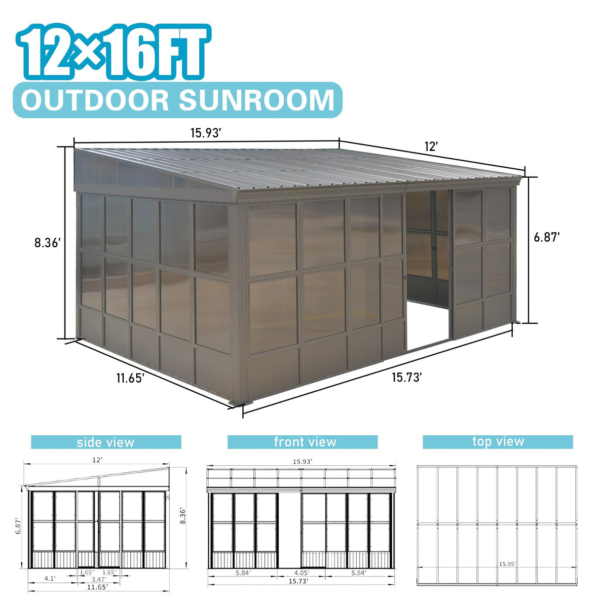 Domi 12x16FT Wall-Mounted Sunroom Gazebo, Aluminum Solarium with Galvanized Steel Sloping Roof, Detachable PC Screens, Front & 2 Side Sliding Doors, Outdoor Sun Room Lean to Gazebo for Patio Deck Lawn domi outdoor living