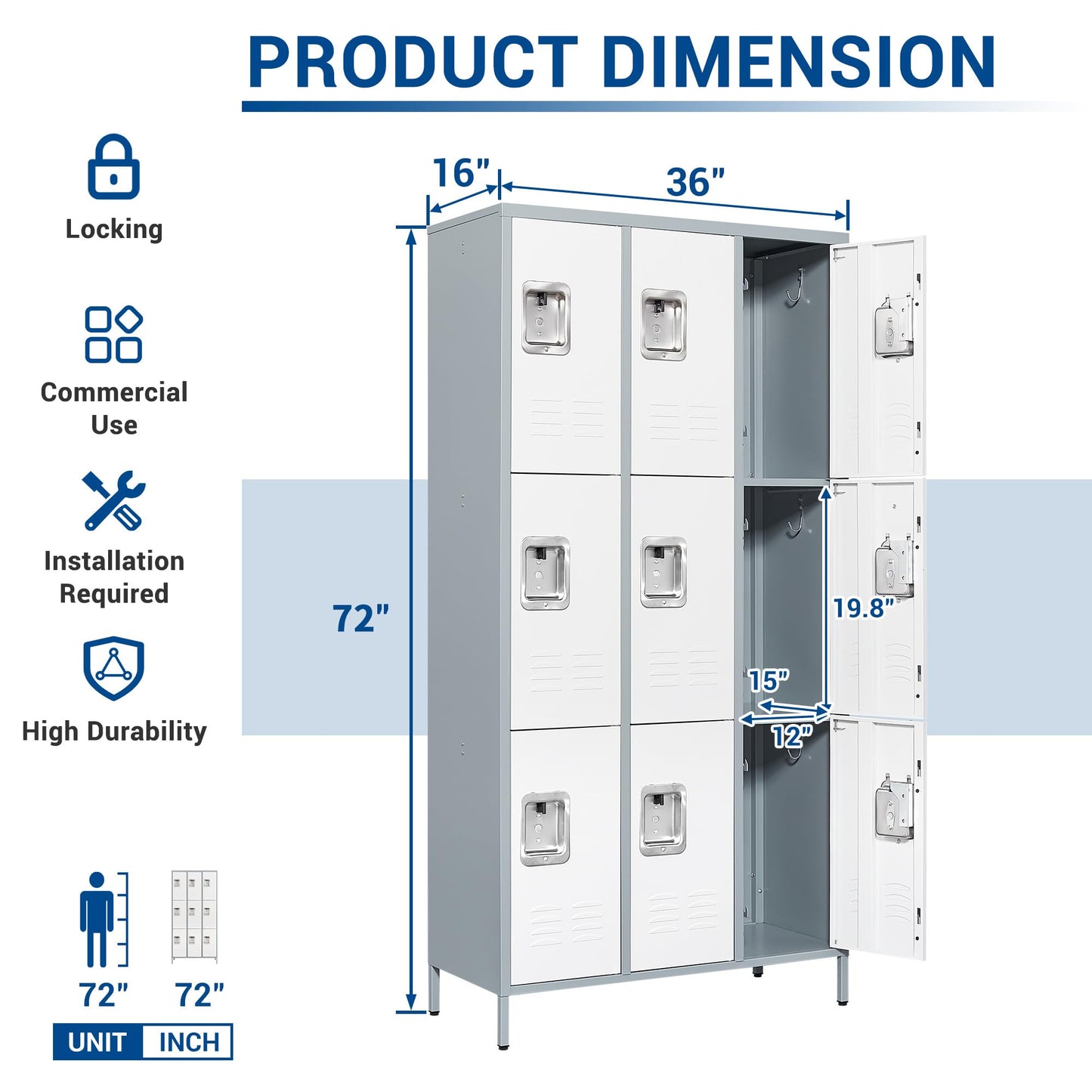 Fesbos 72" Metal Locker for Employees 9 Doors Gray & White Steel Storage Locker for Office, School, Gym - Metal Storage Cabinets for Home, Office, Gym, School - WoodArtSupply