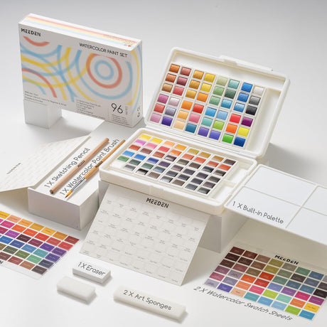 MEEDEN Watercolor Paint Set 96 Colors in Portable Box, Paint Kit with Brush, Palette, Art Supplies, Customizable Color Blocks, Bright Watercolors Travel Set for Adult Teens Beginner Amateur Artists MEEDEN