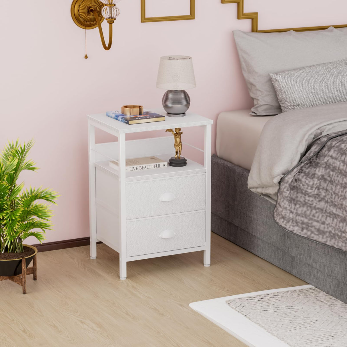Furologee Nightstand with 2 Fabric Drawers, White Bedside Table, End Table with 2-Tier Shelf, Side Table with Hooks and Wood Top for Bedroom/Living Room/Hallway/White Furologee