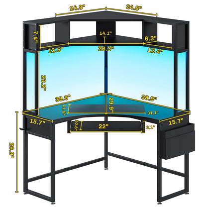 SEDETA Corner Desk, Small Computer Desk with Hutch & LED Lights, Triangle Corner Computer Desk with Keyboard Tray, Storage Bag, and Headphone Hook for Small Space, Small Office Desk, Black - WoodArtSupply