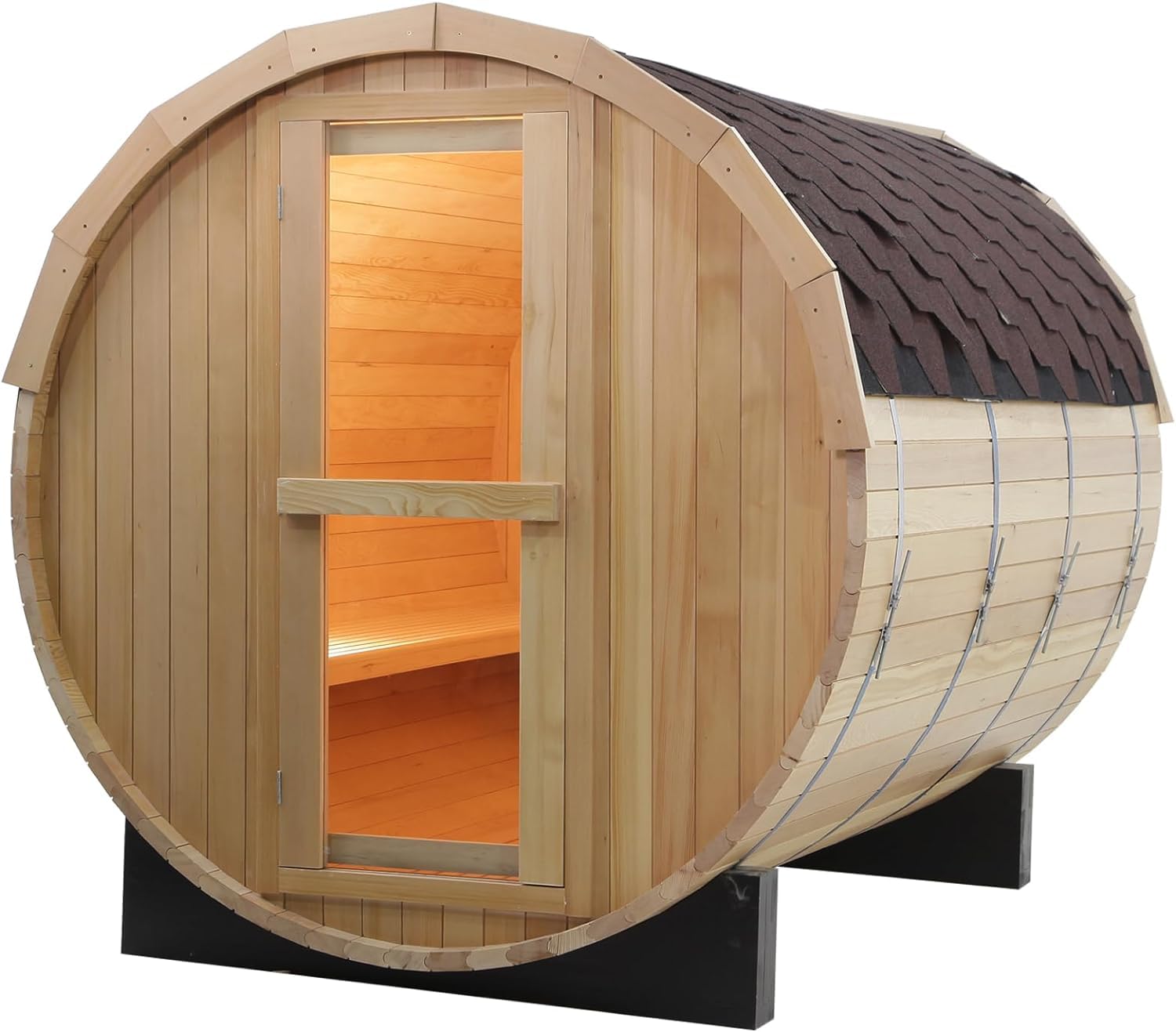 AURGOD Outdoor Barrel Steam Sauna, Canadian Hemlock Wood Sauna Room for 4-6 Person, Broad Benches, Luxurious Texture - WoodArtSupply