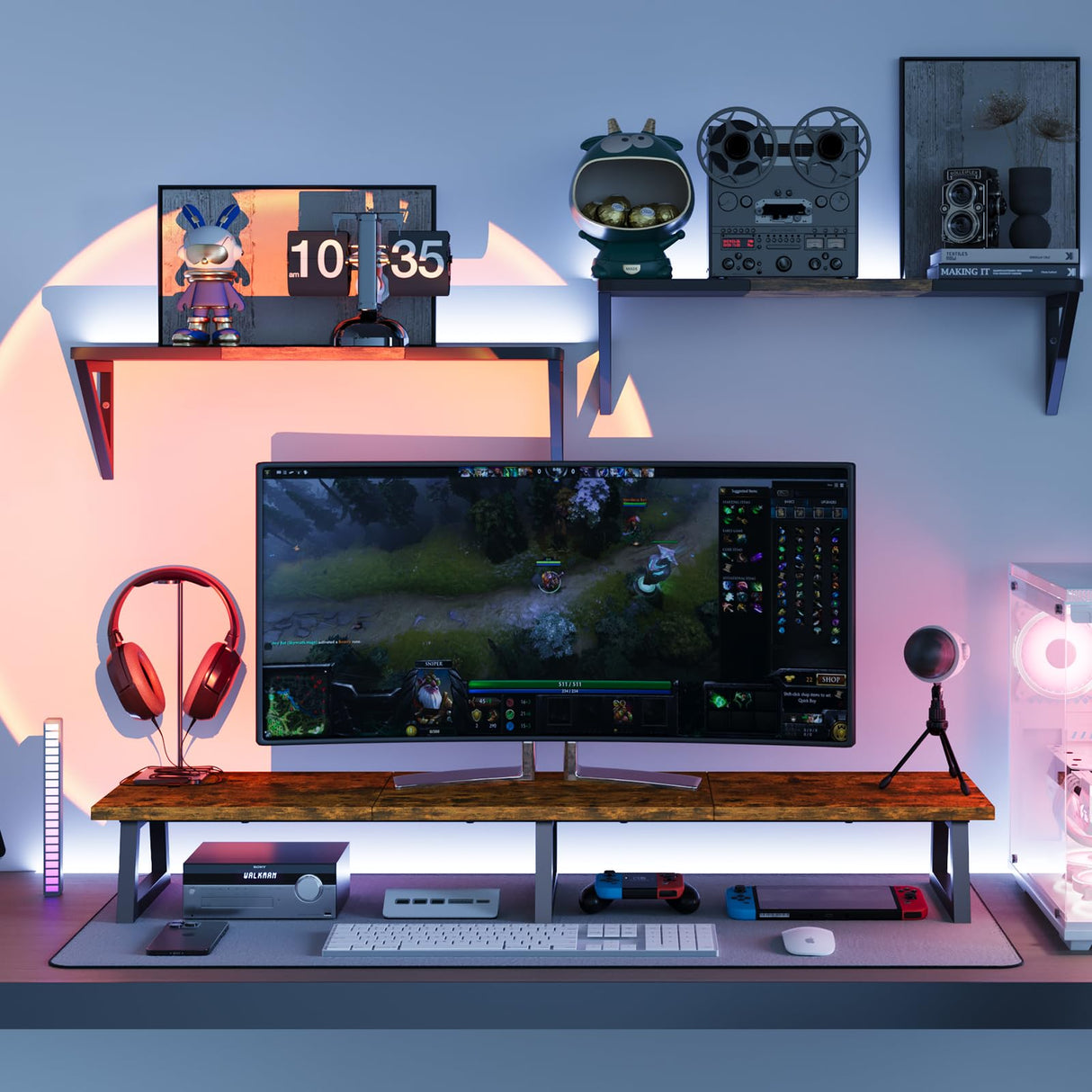 TEAMIX 42 inch Large [Dual] [Monitor] [Riser],Rustic Brown Extra Long TV [Stand Wood & Steel Desktop [Riser] with Storage for [Dual] Screen Office Desk Organization TEAMIX