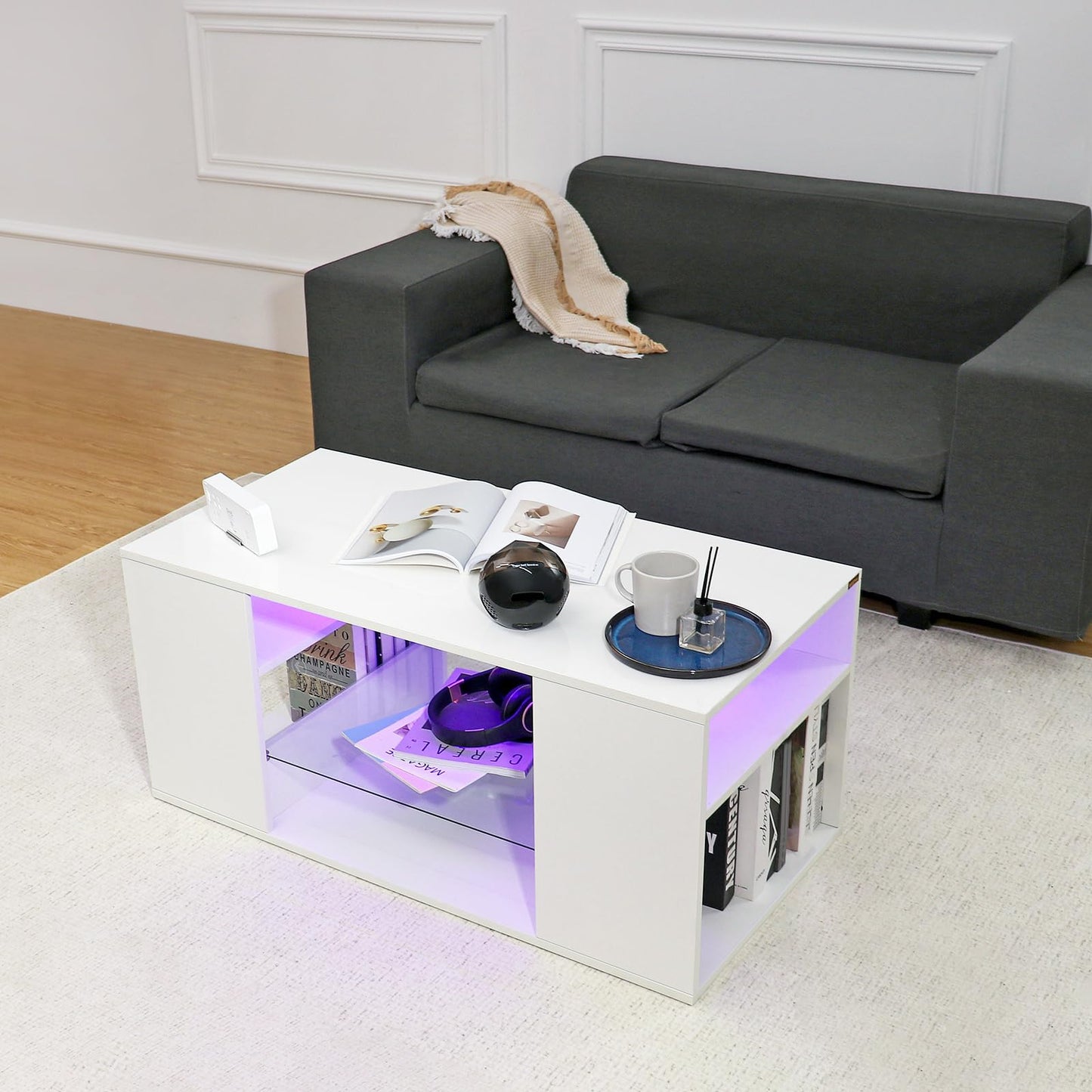 LED Coffee Tables for Living Room Modern Coffee Table White with 3 Shelves Open Glass Storage High Glossy Center Table Sofa Cocktail Table with LED Lights for Home Furniture - WoodArtSupply