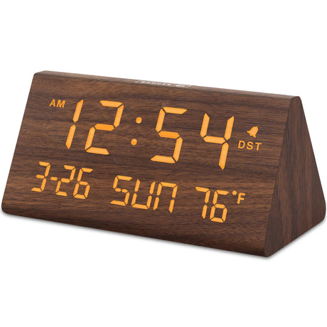 DreamSky Digital Alarm Clocks for Bedrooms - Wooden Desk Clock with Date, Day of Week, USB Port, Temperature, Dimmer for Bedside Table, Living Room, Office, Adjustable Volume, Auto DST, Wood Decor DreamSky