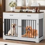 Dog Crate Furniture 47" Wooden Dog Kennels for Dogs Indoor with a Removable Divider for Large/Medium/Small Dogs, 2 Storage Drawers and Large Tabletop Dog Cages Double Doors Dog House, White TTVIEW
