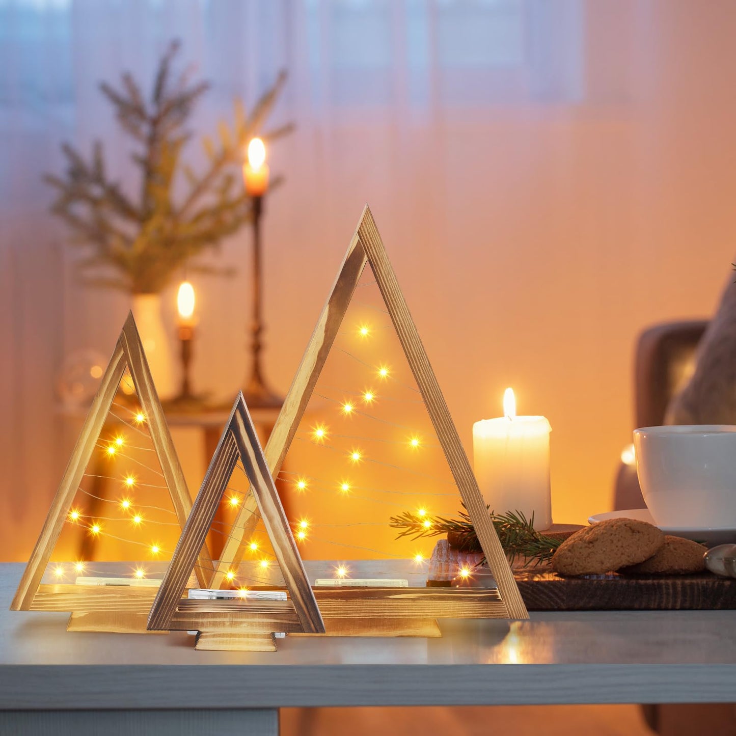 Tujoe 3 Pcs Wood Christmas Tree with Lights Modern Rustic Farmhouse Lighted Tabletop Christmas Tree for Home Table Fireplace Mantle Shelf Christmas Holiday Decor (Large 13.3",Medium 9.5",Small 7.2")