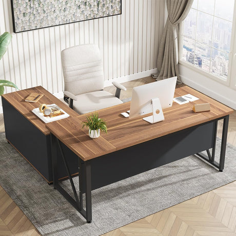 Tribesigns 63 inches Executive Desk and 47" lateral File Cabinet, L-Shaped Computer Desk Home Office Business Furniture with Drawers and Storage Shelves, Office Table,Brown and Black Tribesigns