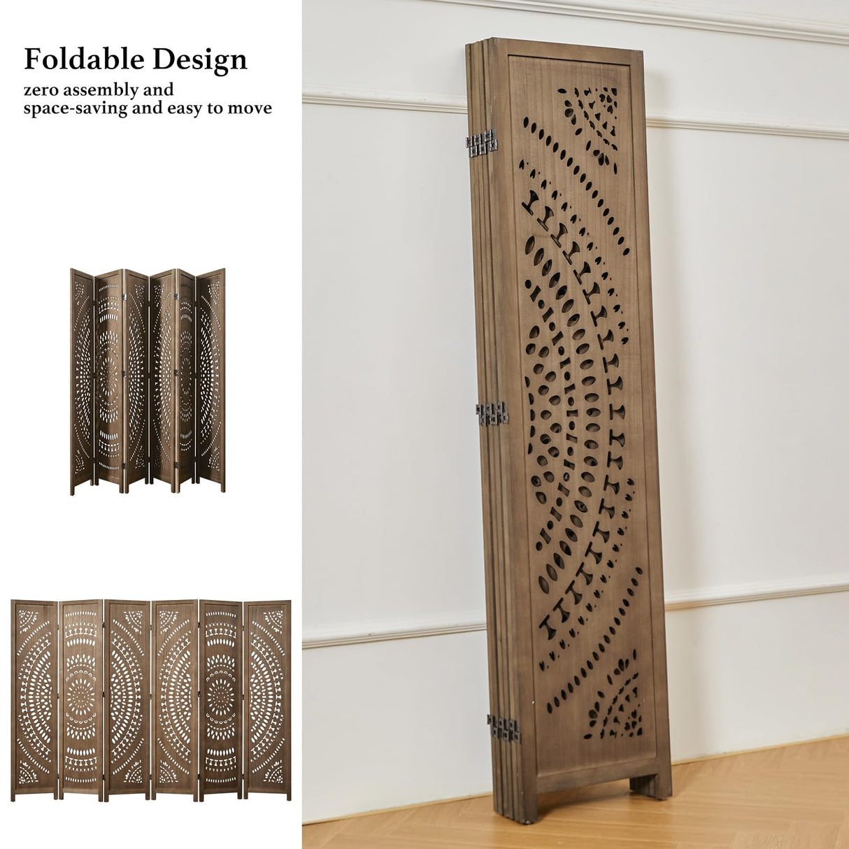 66.9Inch Folding Room Divider, 6 Panels Wood Carved Privacy Screens Free Assembled Freestanding Partition for Bedroom Home Office (Brown) Svimi
