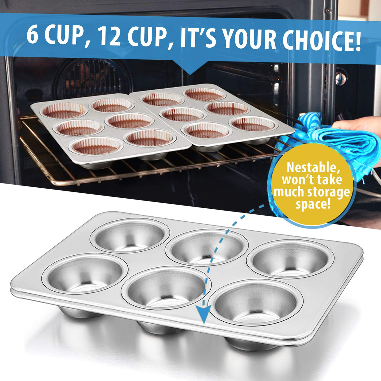 E-far Muffin Pan Set of 2, Stainless Steel Muffin Pan Tin for Baking, 6-Cup Metal Cupcake Pan Tray, Non-toxic & Healthy, Oven & Dishwasher Safe, Regular Size - 11.44 x 7.12 x 1.25 inch E-far