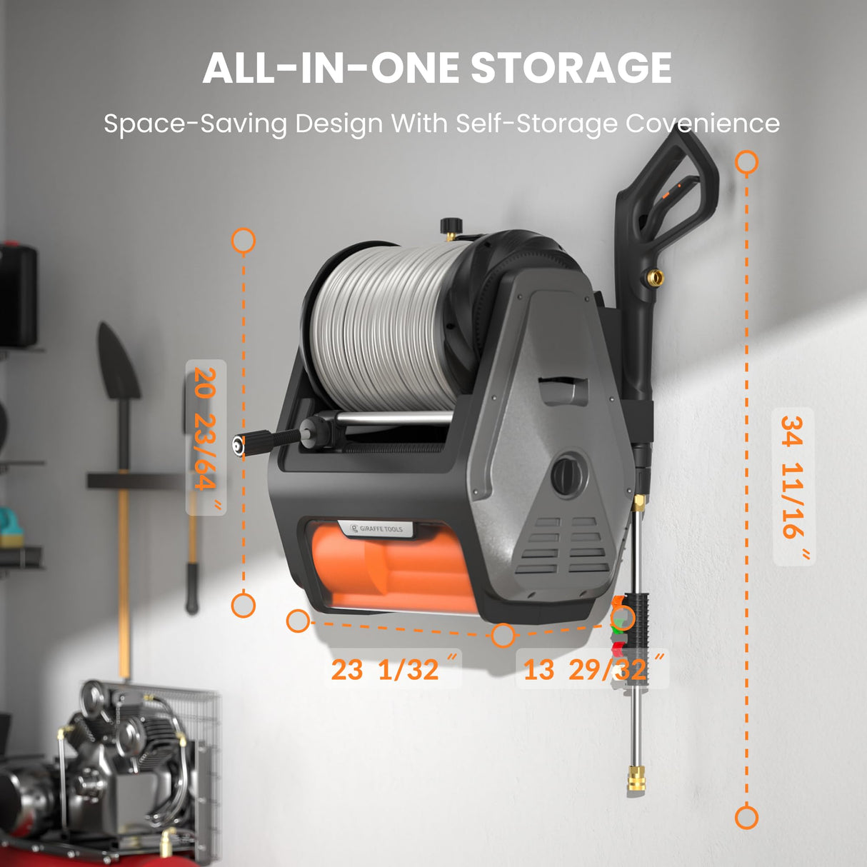 Giraffe Tools Grandfalls Pressure Washer Pro, Electric Wall Mount Power Washer with 100FT Retractable Pressure Hoses, 3300PSI, 1.6GPM, 4 Nozzles, Foam Cannon for Cars/Patios, Dark Silver Giraffe Tools