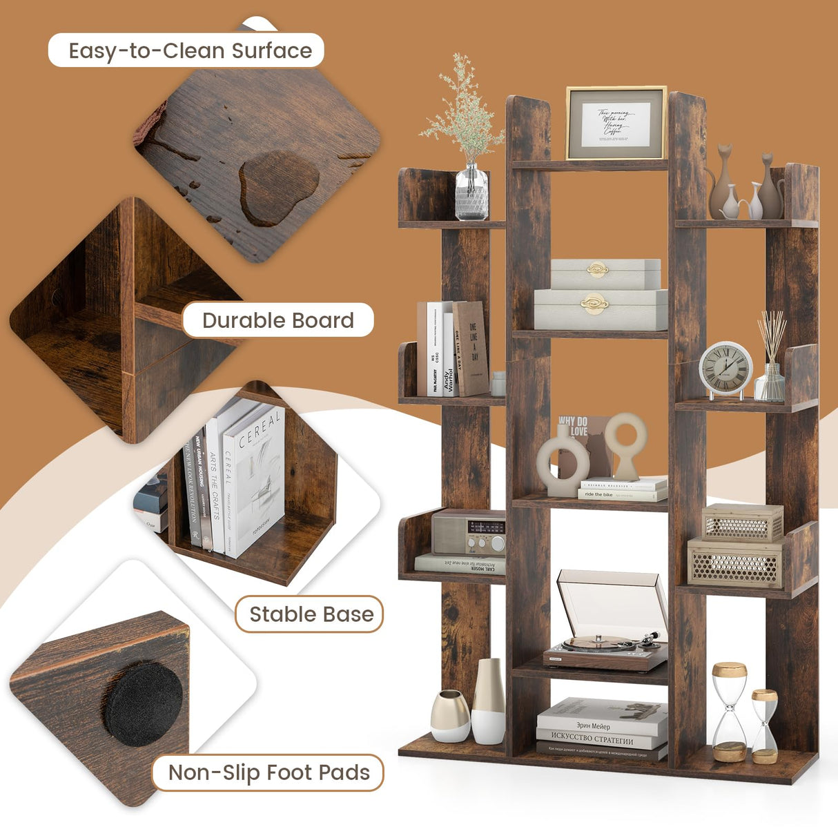 Giantex Rustic Brown 7-Cube Tree Bookshelf with 13 Open Shelves - Stylish Corner Storage Organizer for Living Room and Study Giantex