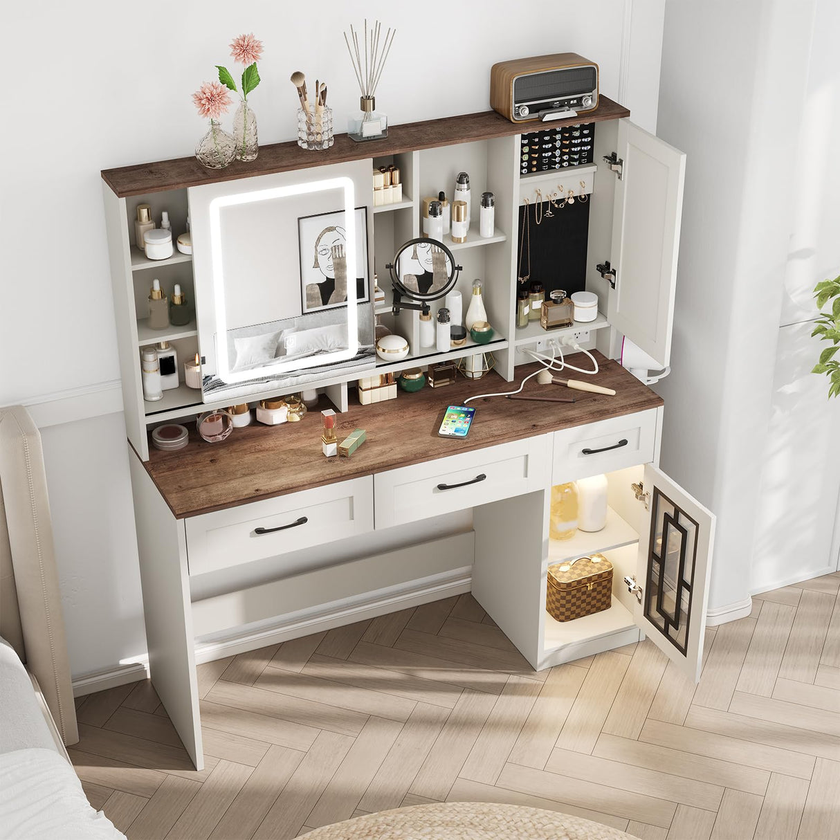Maupvit Vanity Desk with Mirror and Lights, Makeup Table with Drawers & Jewelry Cabinet, Large Vanity with Storage, Bedroom Dressing Table (White) Maupvit