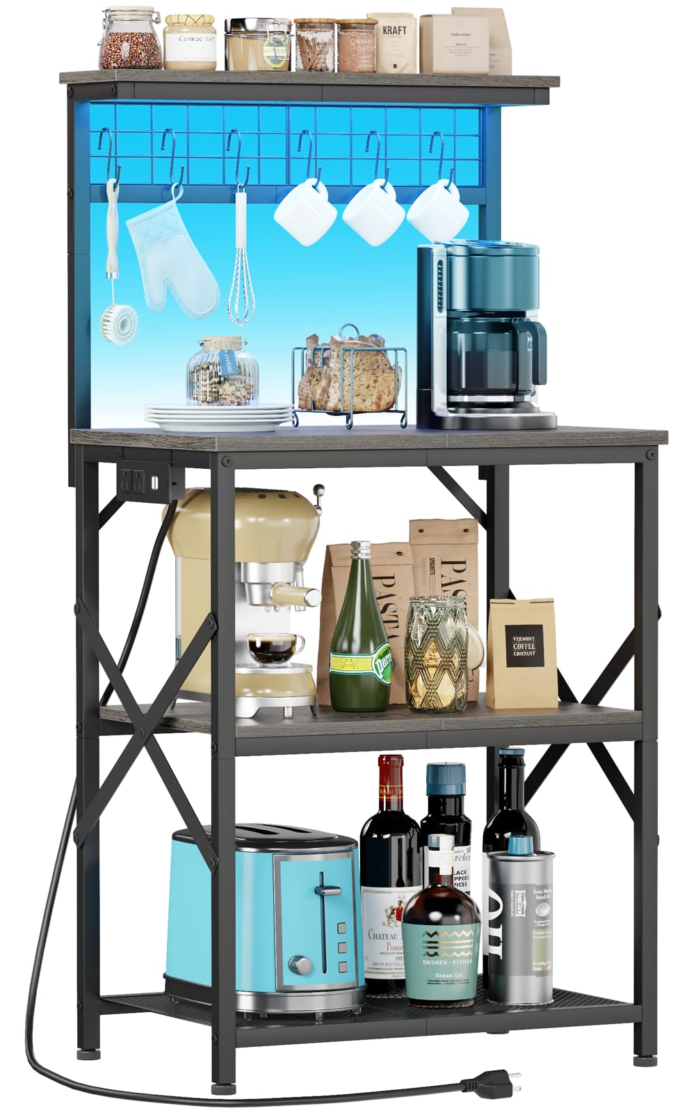 Furologee Bakers Rack with Power Outlet and LED Light, Small Coffee Bar Station with 4 Tier Shelves, Microwave Stand Table with 6 S Hooks, Kitchen Storage Rack for Spices, Pots, Black Oak Furologee