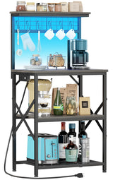 Furologee Bakers Rack with Power Outlet and LED Light, Small Coffee Bar Station with 4 Tier Shelves, Microwave Stand Table with 6 S Hooks, Kitchen Storage Rack for Spices, Pots, Black Oak Furologee