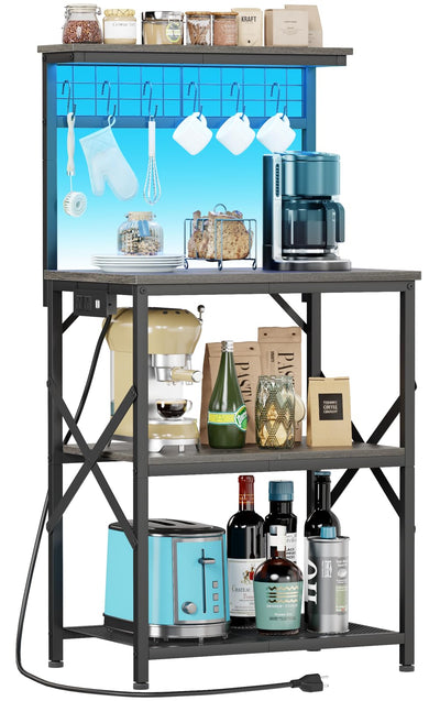 Furologee Bakers Rack with Power Outlet and LED Light, Small Coffee Bar Station with 4 Tier Shelves, Microwave Stand Table with 6 S Hooks, Kitchen Storage Rack for Spices, Pots, Black Oak