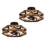 2 Pack 3-Light Rustic Farmhouse Wood Flush Mount Ceiling Light Fixture Oak Wood and Metal Cage Semi Flush Mount Ceiling Light for Hallway Hall Entry Bedroom Kitchen Farmhouse, Black RKUCSR