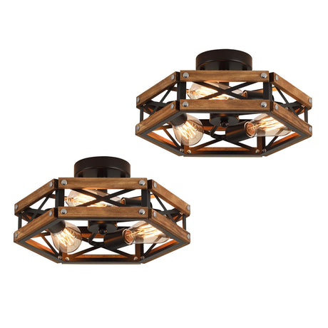 2 Pack 3-Light Rustic Farmhouse Wood Flush Mount Ceiling Light Fixture Oak Wood and Metal Cage Semi Flush Mount Ceiling Light for Hallway Hall Entry Bedroom Kitchen Farmhouse, Black RKUCSR