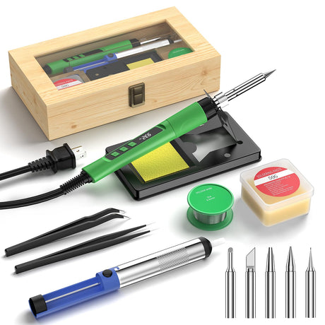 Soldering Iron Kit, 190W Soldering Gun, 110V LED Solder Kit for Electronics, Adjustable Temperature 356-932℉, Includes Solder Wire, Sucker, Tips, Stand, Tweezers, Paste and Solid Wood Box, Army Green Crtsweker