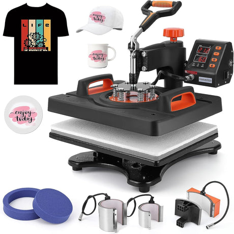 PioneerWorks Heat Press Machine 6 in 1 Professional Sublimation Machine 12" X 15", 360° Swing Away Heat Transfer Machine Digital Shirt Pressing Machine for Tshirt,Hat,Mug,Plate, Orange PioneerWorks