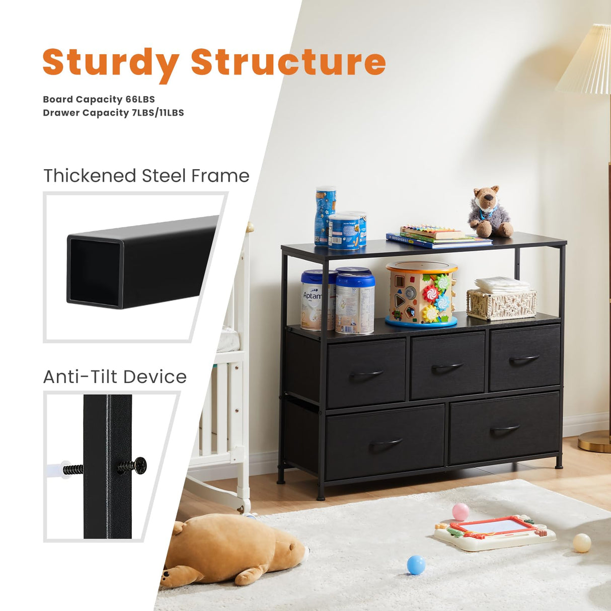 Sweetcrispy 5 Fabric Drawer Dresser TV Stand for Bedroom, Entertainment Center for 45 Inch TV with Storage Drawer Unit, Open Shelf, Adjustable Feet, Living Room, Black Sweetcrispy