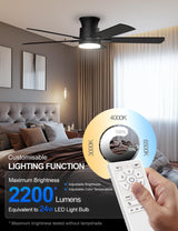 Ceiling Fans with Lights 52 Inch, Flush Mount, Remote Control, 3CCT Dimmable, 6 Speeds, Quiet Reversible DC Motor, Low Profile Hugger Black Ceiling Fan for Bedroom, Living Room, Indoor/Outdoor, ETL Allsmartlife