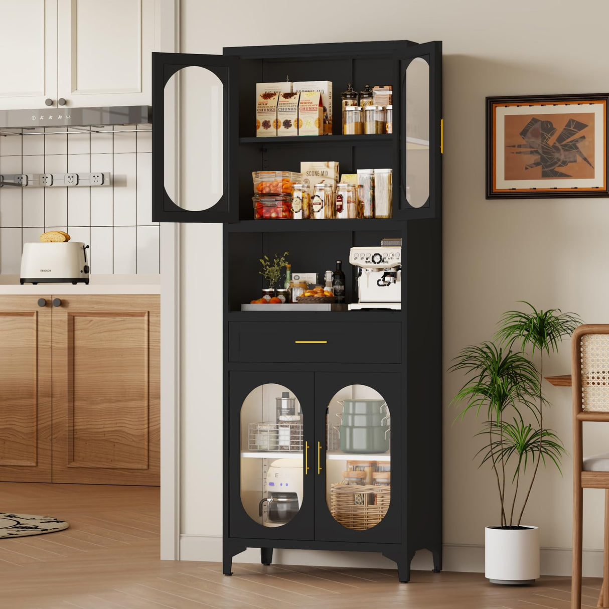 VRTCP 75" H Tall Kitchen Pantry Storage Cabinet with 4 Glass Door, Black Metal Storage Cabinet with Drawer and 2 Adjustable Shelves, Kitchen Pantry Cupboard for Living Room, Dining Room VRTCP