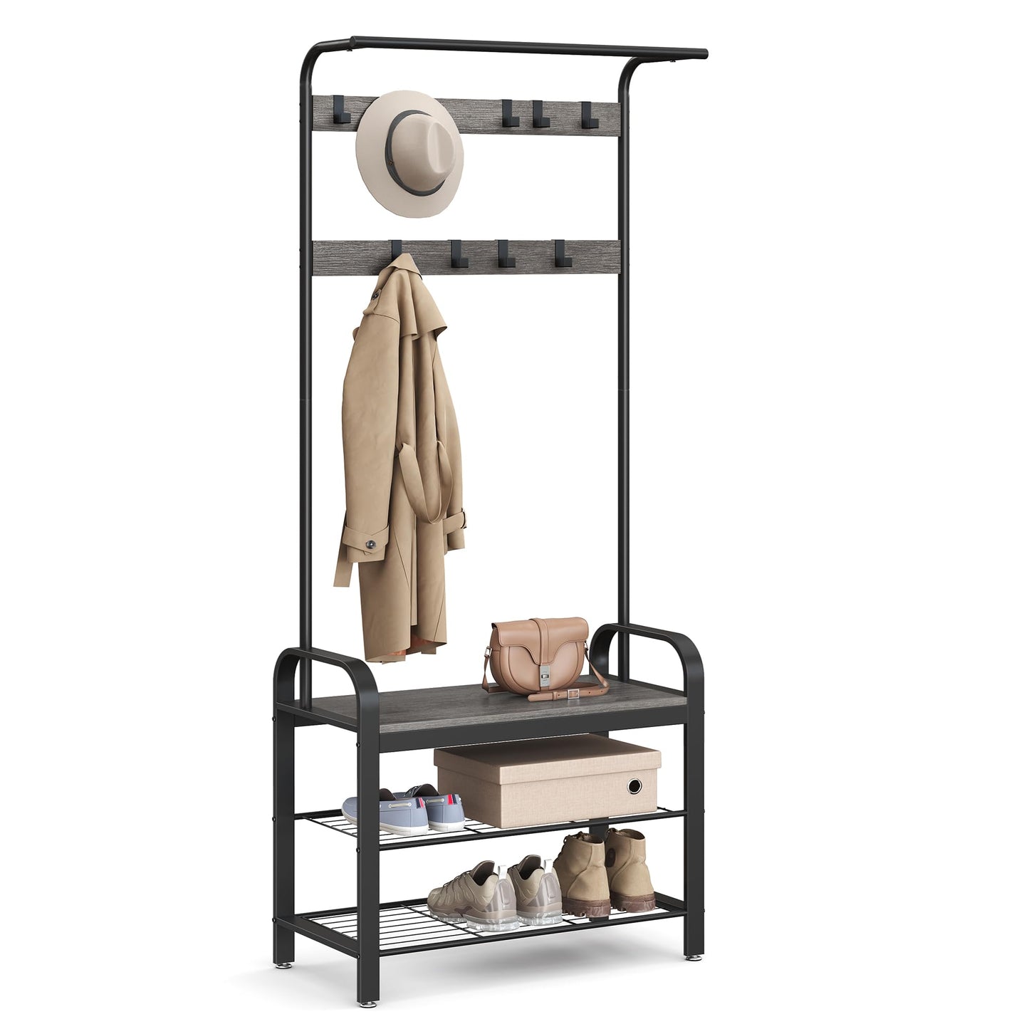 VASAGLE Coat Rack, Hall Tree with Shoe Bench for Entryway, Entryway Bench with Coat Rack, 4-in-1, with 9 Removable Hooks, a Hanging Rod, 13.3 x 28.3 x 72.1 Inches, Charcoal Gray and Black UHSR040B04