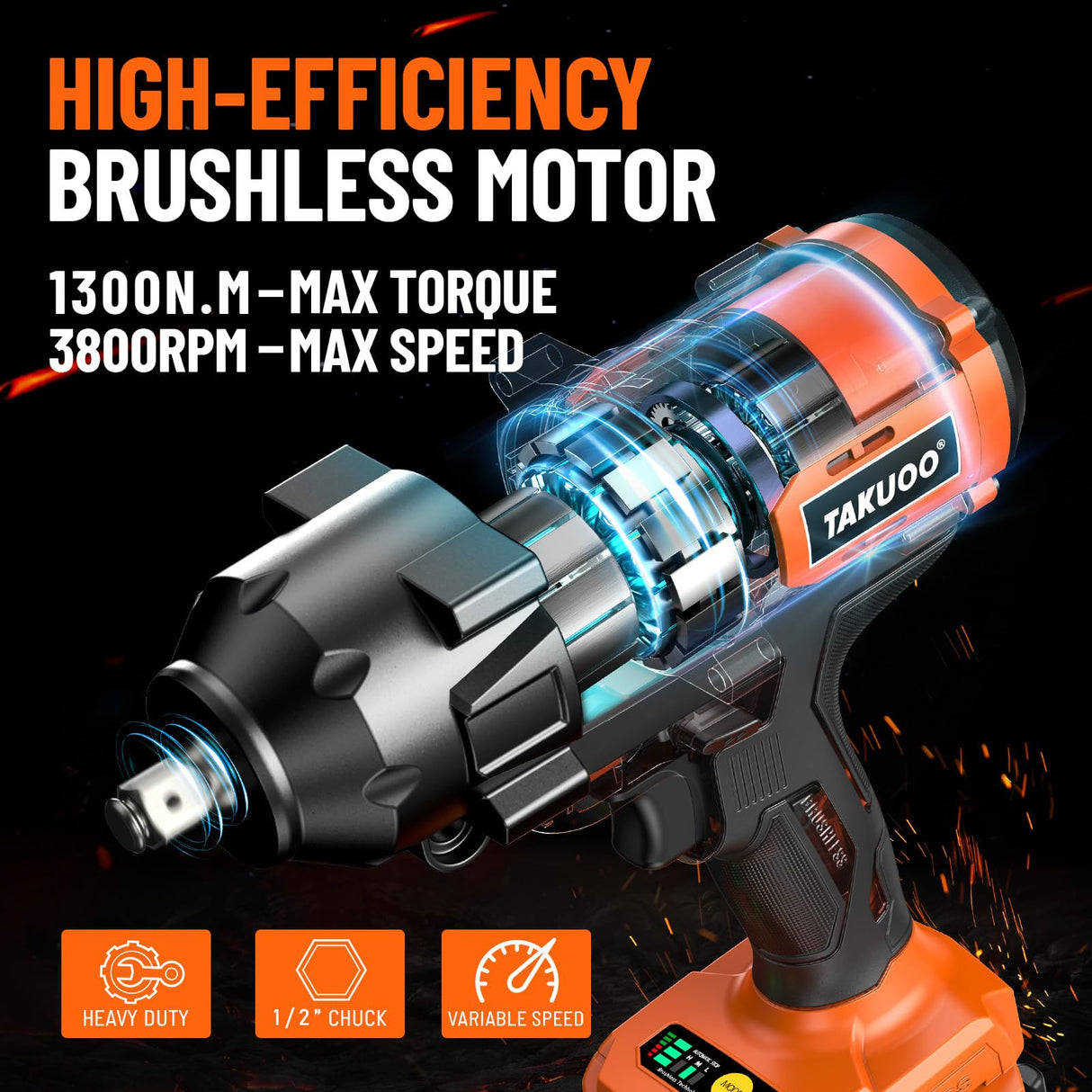 Takuoo 1300N.m(960Ft-lbs) Cordless Impact Wrench High Torque, 1/2" 21V Brushless Impact Gun w/2x 4.0AH Battery Fast Charger, Electric Power Impact Wrench for Truck RV Heavy-duty, 5 Sockets, Tool Box Takuoo