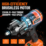 Takuoo 1300N.m(960Ft-lbs) Cordless Impact Wrench High Torque, 1/2" 21V Brushless Impact Gun w/2x 4.0AH Battery Fast Charger, Electric Power Impact Wrench for Truck RV Heavy-duty, 5 Sockets, Tool Box Takuoo