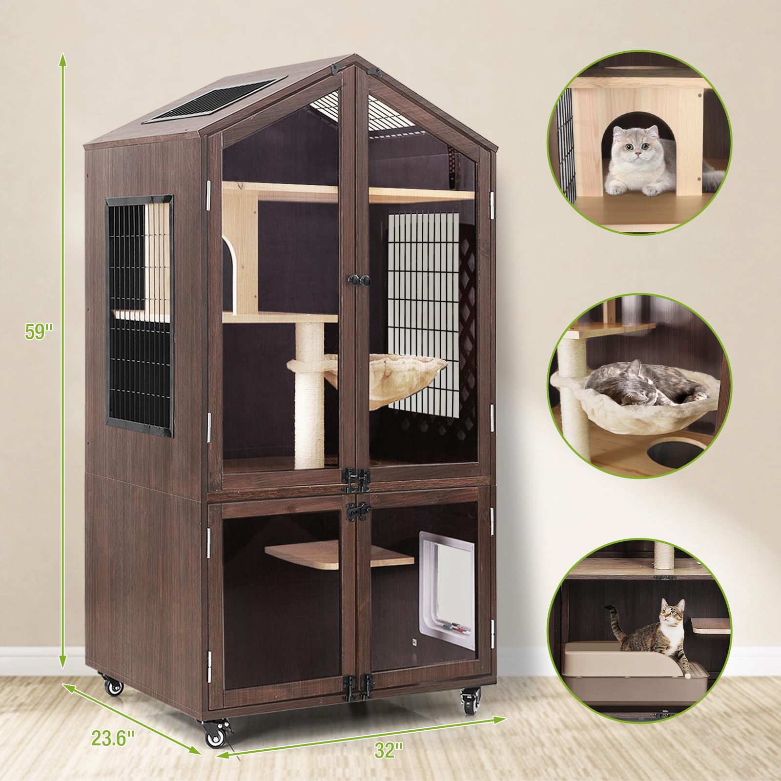 Gutinneen Cat House Cat Condo with Litter Box Furniture Cabinet Large Solid Wood Cat Enclosure for Outdoor & Indoor Cat Catio Cat Tree with Wheels - WoodArtSupply