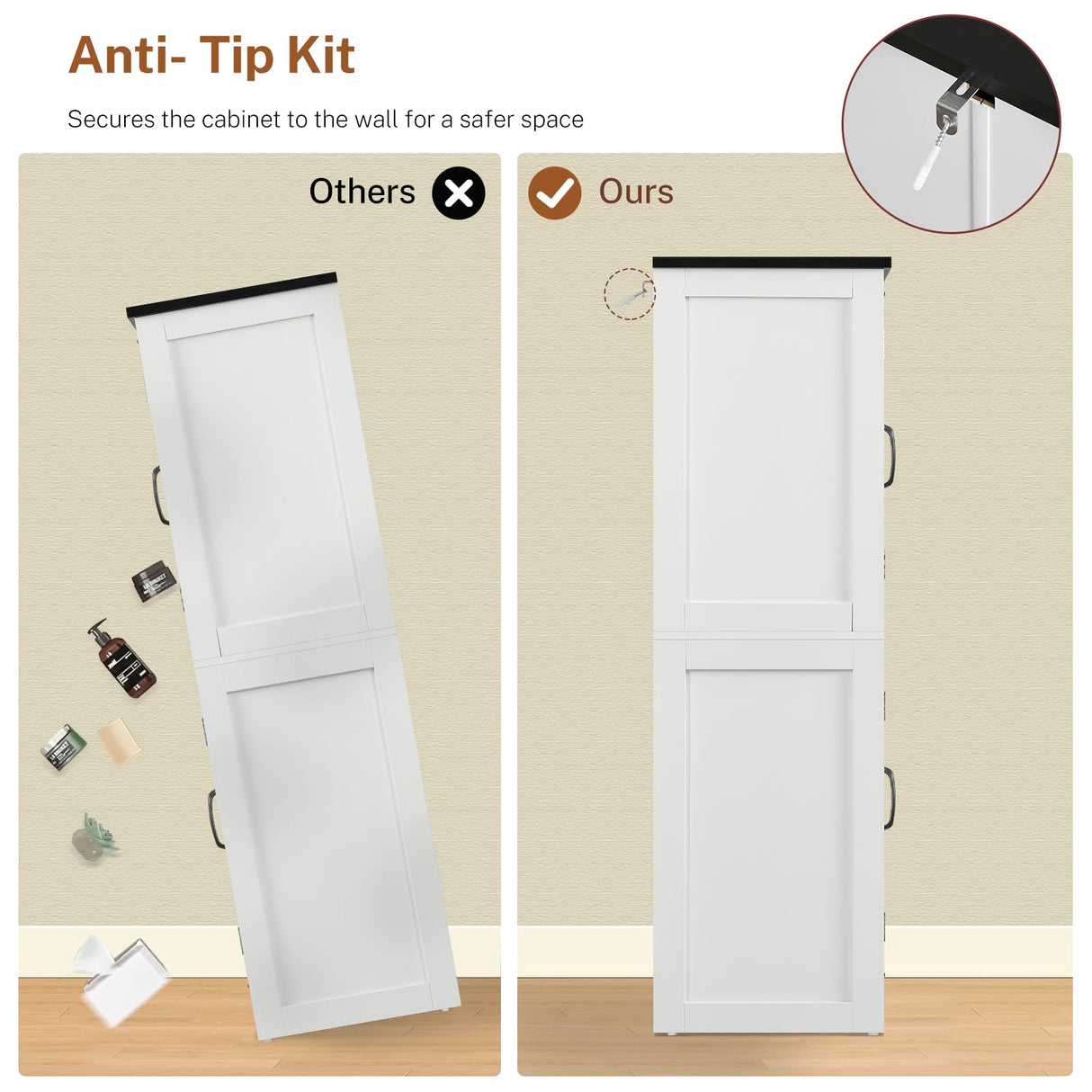 TEENFON Farmhouse Storage Cabinet with 2 Adjustable Shelves, Bathroom Cabinet with 4 Doors, Kitchen Cabinets, Cupboard for Kitchen, Living Room, White TEENFON