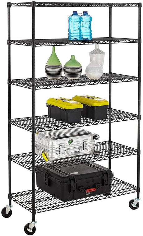 FDW 48" L×18" W×76" H Wire Shelving Unit Metal Shelf with 6 Tier Casters Adjustable Layer Rack Strong Steel for Restaurant Garage Pantry Kitchen Garage,Black FDW