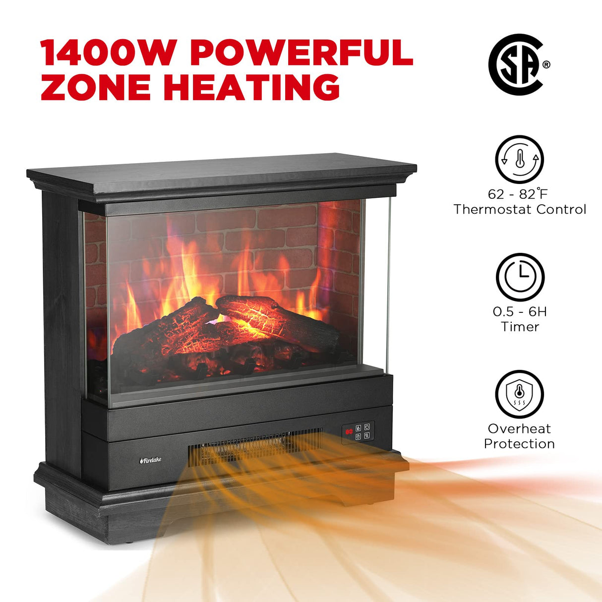 TURBRO Firelake 27-Inch Electric Fireplace Heater - Freestanding Fireplace with Mantel, No Assembly Required - 7 Adjustable Flame Effects, Overheating Protection, CSA Certified - 1400W, Black Walnut TURBRO