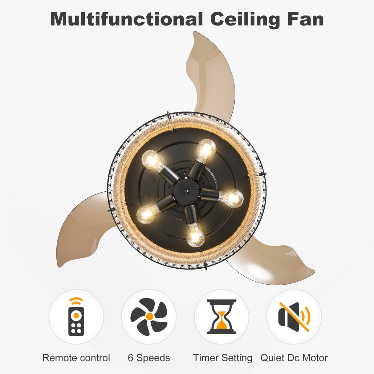 48 Inch Retractable Ceiling Fans with Lights and Remote, Industrial Black Fandelier with 3 Retractable ABS Blades, Invisible Crystal Chandelier Fan for Bedroom Living Room Dining Room (Hemp Rope) Oiotwo
