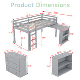 Low Loft Bed with Storage & Rolling Out Desk, Kids Twin Size Loft Beds with Bookcase & Drawers, Rubber Wood Junior Lofts Bed with Dresser/Shelves/Ladder/Guardrails for Boys Girls Teens, Gray Duxelifin