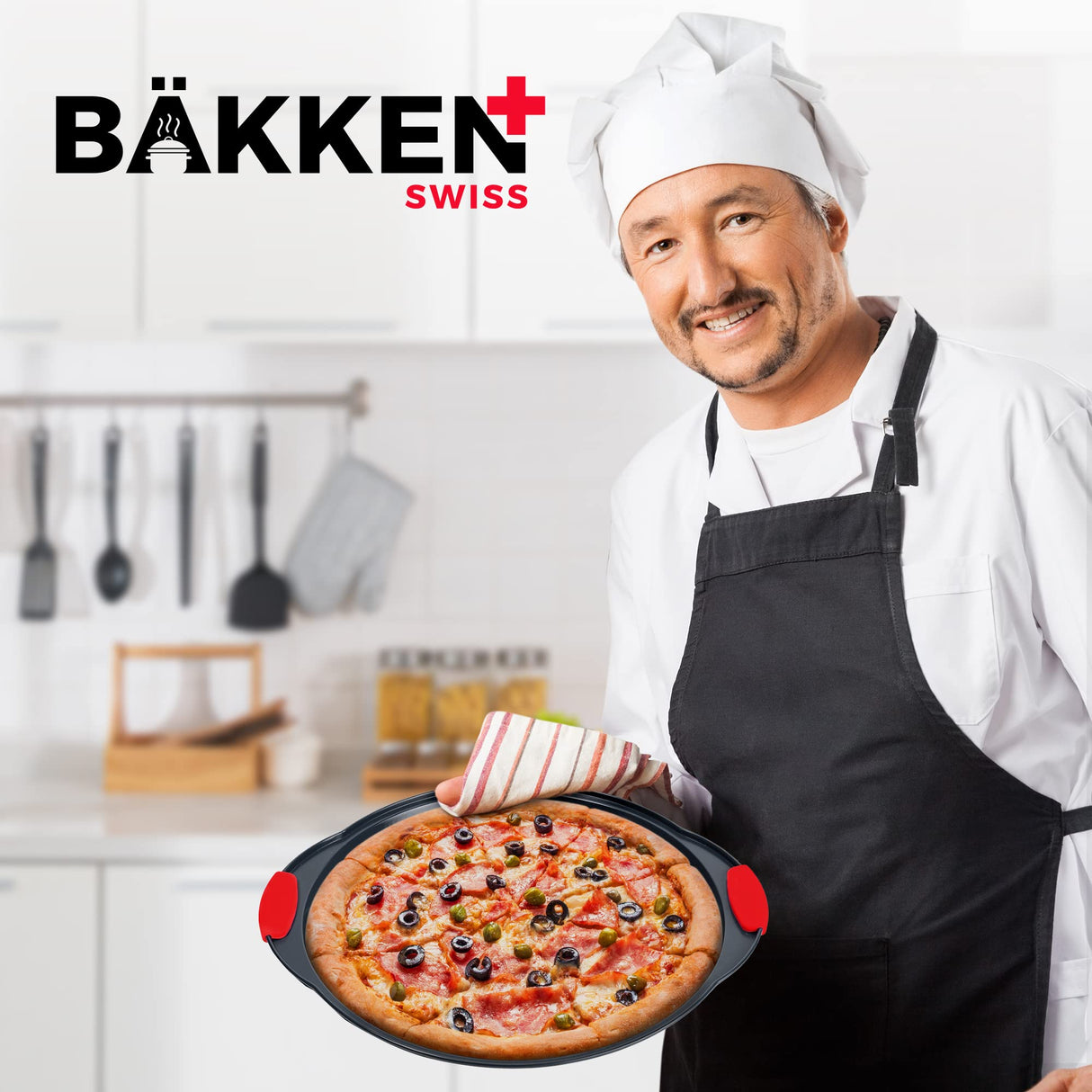 Pizza Tray – 2 Round with Silicone Handles – Carbon Steel Pizza Pan with Holes and Non-Stick Coating – PFOA PFOS and PTFE Free by Bakken BAKKENMASTER