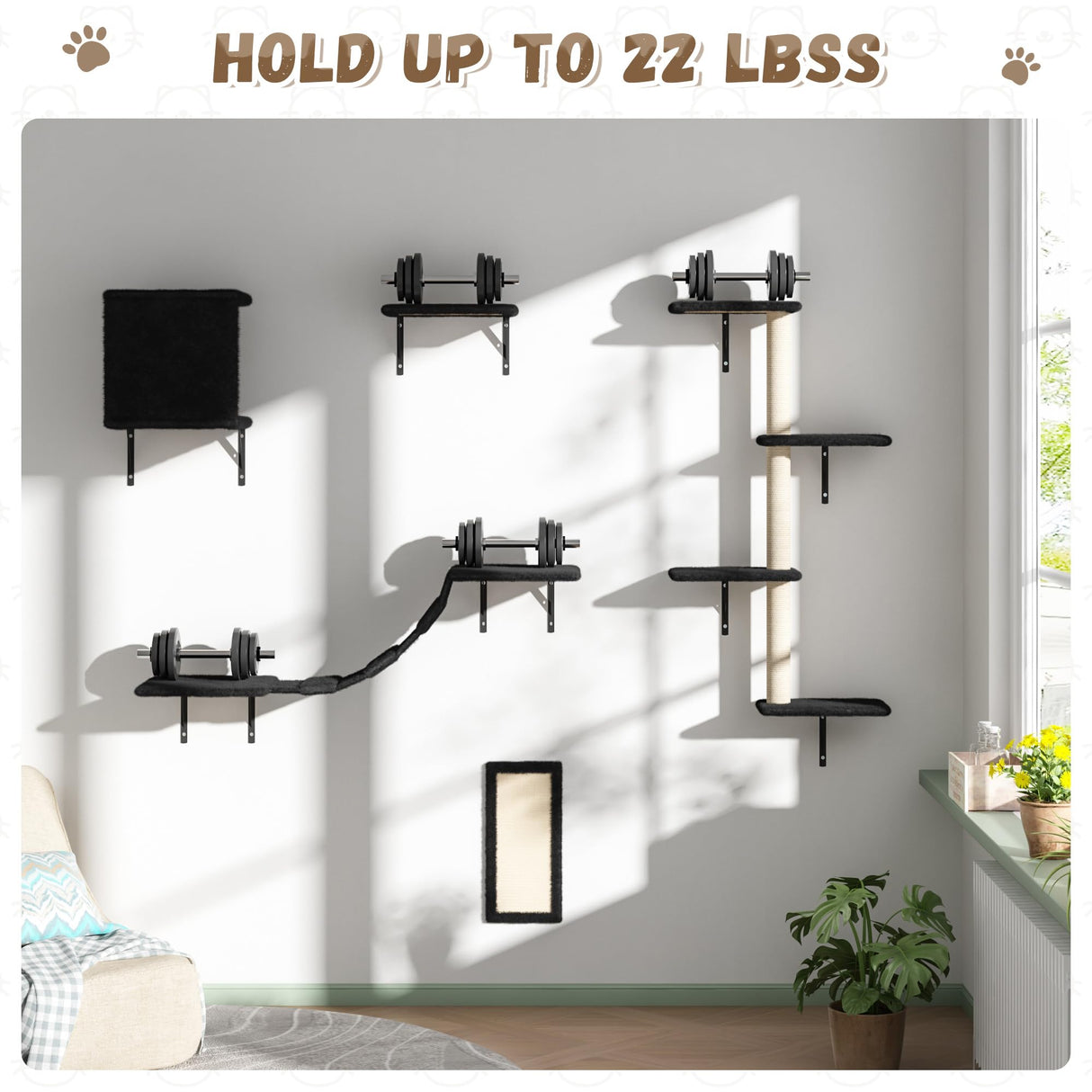 COZIWOW Wall Mounted Cat Furniture, Cat Wall Shelves and Perches, Floating Cat Shelves for Wall Set of 5 (Black) COZIWOW